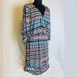 I.N. Studio Stretch Boho Colorful Midi Dress Size 8 Adjustable V Neck